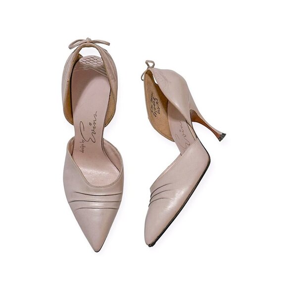 David Evins Pale Pink Leather Pumps Pointed Toe 1950s Bow Heel Cutout, 6M - Picture 2 of 16
